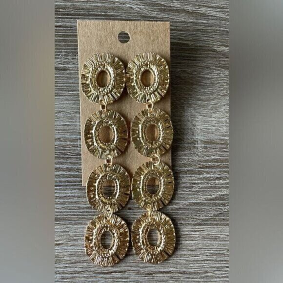 Golden Hollow Flower Disc Design Dangle Statement Earrings - Picture 4 of 4